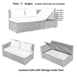 Outdoor 6-Piece Rattan Sofa Set, Garden Patio Wicker Sectional Furniture Set with Adjustable Seat, Storage Box, Removable Covers and Tempered Glass Top Table
