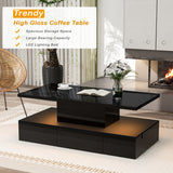 ON-TREND Modern Glossy Coffee Table With Drawer, 2-Tier Rectangle Center Table with Plug-in 16 colors LED lighting for Living room, 39.3”x19.6”x15.3”, Black