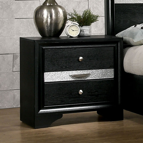Contemporary Nightstand Black Finish Silver Accents