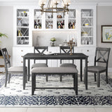 6-Piece Kitchen Dining Table Set Wooden Rectangular Dining Table, 4 Fabric Chairs and Bench Family Furniture (Grey)