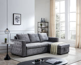 Sectional sofa with pulled out bed,  2 seats sofa and reversible chaise with storage, both hands with copper nail, GREY, (91" x 64" x 37")