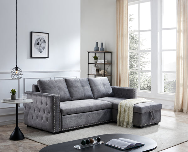 Sectional sofa with pulled out bed,  2 seats sofa and reversible chaise with storage, both hands with copper nail, GREY, (91" x 64" x 37")