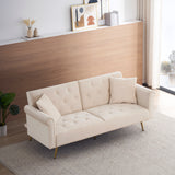 Beige velvet nail head sofa bed with throw pillow and midfoot