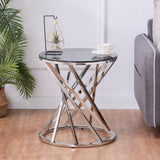 Set of 1 Round Glass Top Side Table for Living Room- Black Grey Tempered Glass & Silver Stainless Steel Frame, 19.5" Modern Spiral Center Table Small Coffee Table End Table for Bedroom Guestroom