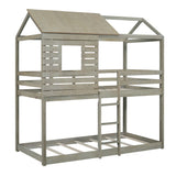 Twin Over Twin Bunk Bed Wood Loft Bed with Roof, Window, Guardrail, Ladder (Antique Gray )