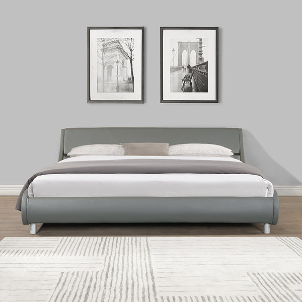 Faux Leather Upholstered Platform Bed Frame, Curve Design, Wood Slat Support, No Box Spring Needed, Easy Assemble, King Size, Gray