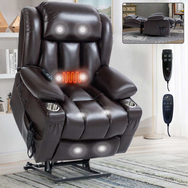Brown Lift chair Dual Motor Infinite Position with 8-Point Vibration Massage and Lumbar Heating, Stainless steel Cup Holders