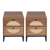 Rattan Nightstand Set of 2, Walnut End Table with 2 Natural Rattan Drawer & Metal Legs