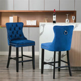 Contemporary Velvet Upholstered Barstools with Button Tufted Decoration and Wooden Legs, and Chrome Nailhead Trim, Leisure Style Bar Chairs,Bar stools, Set of 2 (Blue)