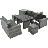 Outdoor 6-Piece Rattan Sofa Set, Garden Patio Wicker Sectional Furniture Set with Adjustable Seat, Storage Box, Removable Covers and Tempered Glass Top Table