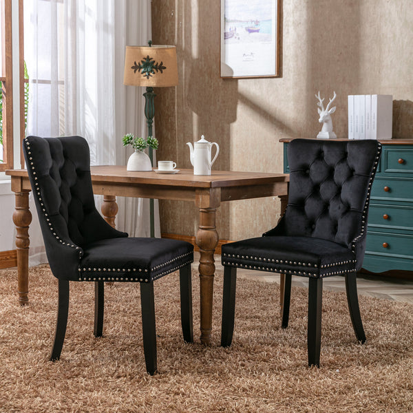 A&A Furniture,Nikki Collection Modern, High-end Tufted Solid Wood Contemporary Velvet Upholstered Dining Chair with Wood Legs Nailhead Trim  2-Pcs Set，Black，1901BK