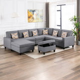 Gray Linen Fabric 7Pc Reversible Chaise Sectional Sofa with Interchangeable Legs, Pillows and Storage Ottoman