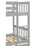 Twin Over Twin Bunk Beds with Trundle, Solid Wood Trundle Bed Frame with Safety Rail and Ladder, Kids/Teens Bedroom, Guest Room Furniture, Can Be converted into 2 Beds