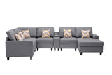 Gray Linen Fabric 7Pc Reversible Chaise Sectional Sofa with a USB, Charging Ports, Cupholders, Storage Console Table and Pillows and Interchangeable Legs