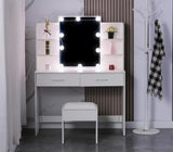 Large Vanity Desk with Mirror and Lights, Makeup Vanity Table with 10 Light Bulbs, 2 Drawers, 6 Storage Shelves & Cushioned Stool, Makeup Vanity with Lights for Bedroom, White