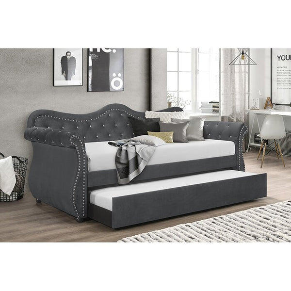 Grey Upholstered Velvet Wood Daybed with Trundle