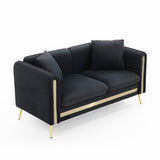 Modern Black Velvet Loveseat Sofa, Side Pocket Mid-Century Tufted, Gold Metal Legs
