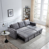 Sectional sofa with pulled out bed,  2 seats sofa and reversible chaise with storage, both hands with copper nail, GREY, (91" x 64" x 37")