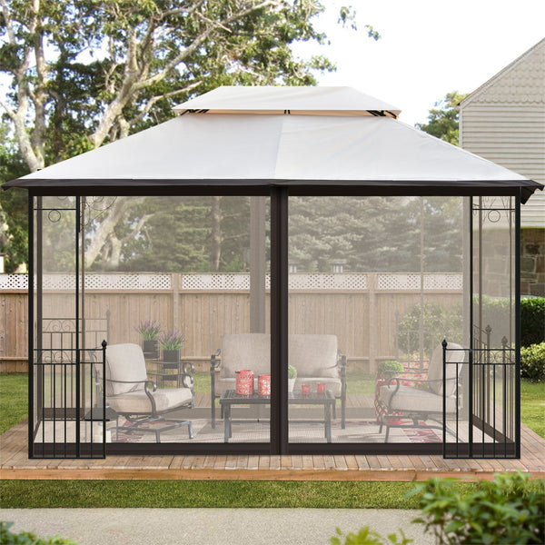 Iron Patio Khaki Outdoor Gazebo, Double Roof Soft Canopy