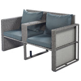 2-Piece All-Weather Wicker Conversation Set Rattan Sofa Set Outdoor Patio Half-moon Sectional Furniture Set w/ Side Table for Umbrella, Gray Rattan+Gray Cushion
