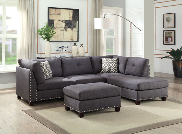 Dark Grey Sectional Sofa & Ottoman (2 Pillows), Light Charcoal Linen (1Set/2Ctn)