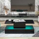 ON-TREND Modern Glossy Coffee Table With Drawer, 2-Tier Rectangle Center Table with Plug-in 16 colors LED lighting for Living room, 39.3”x19.6”x15.3”, Black