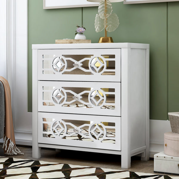 Wooden Storage Cabinet with 3 Drawers and Decorative Mirror, Natural Wood (Antique White)