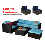 Outdoor Garden Patio Furniture 8-Piece Brown Rattan Wicker Sectional Blue Cushioned Sofa Sets