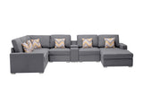 Gray Linen Fabric 7Pc Reversible Chaise Sectional Sofa with a USB, Charging Ports, Cupholders, Storage Console Table and Pillows and Interchangeable Legs