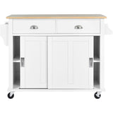 White Kitchen Island Cart with Rubber wood Drop-Leaf Countertop, adjustable height