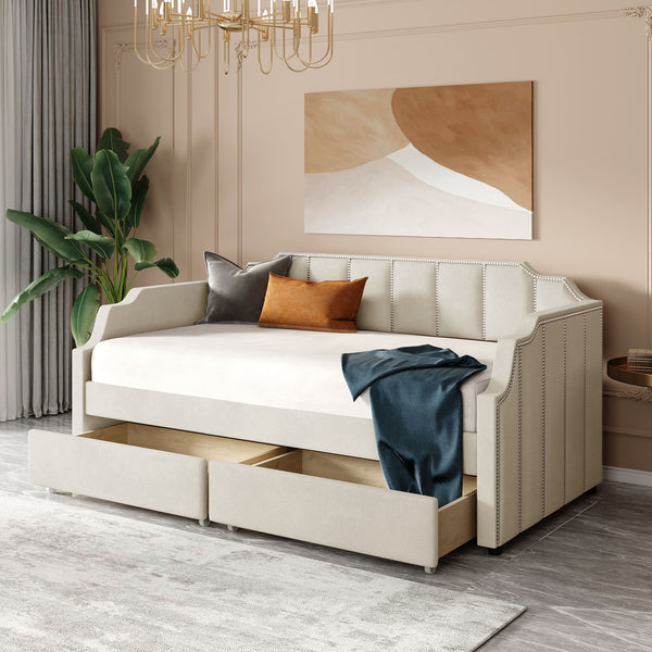 Twin Size Upholstered daybed with Drawers, Wood Slat Support