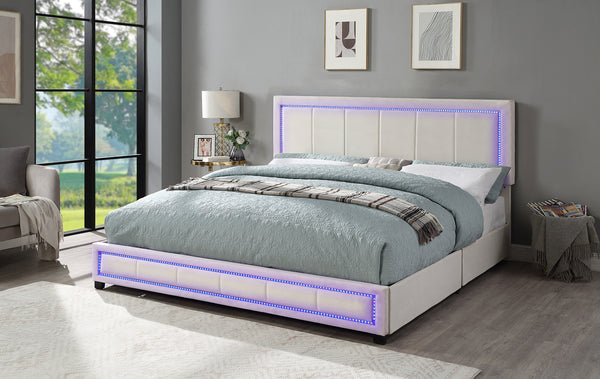 King Upholstered Platform Bed with LED Lights, Storage Bed with 4 Drawers