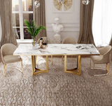 Bura Modern Marble Dining Table with Rectangular Tabletop Gold Stainless Legs, for Kitchen and Dining Room