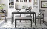 6-Piece Kitchen Dining Table Set Wooden Rectangular Dining Table, 4 Fabric Chairs and Bench Family Furniture (Grey)