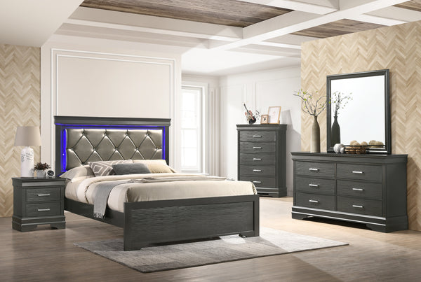 Queen 5 Pc Tufted Upholstery LED Bedroom set