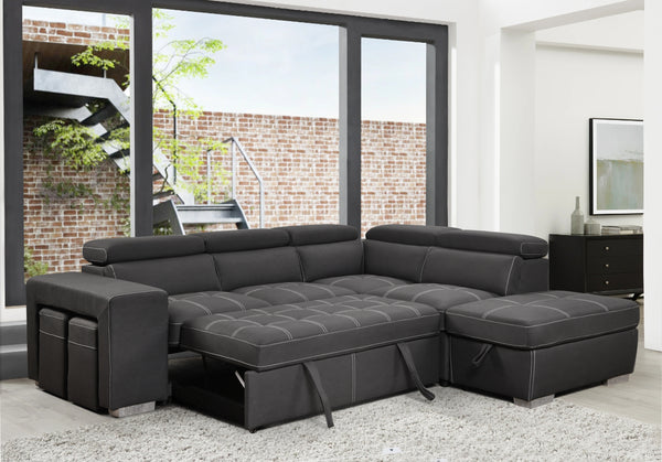Grey Sectional Sofa with Adjustable Headrest, Sleeper Sectional Pull Out Couch