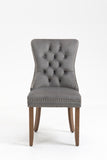 Upholstered Button Tufted Back Gray Velvet Dining Chair with Nailhead Trim and Solid Wood Legs 2 Sets