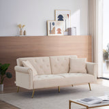 Beige velvet nail head sofa bed with throw pillow and midfoot