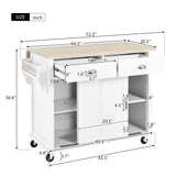 White Kitchen Island Cart with Rubber wood Drop-Leaf Countertop, adjustable height