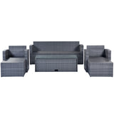 Wicker PE rattan Patio Outdoor Dining Conversation Sectional Set with coffee table, wicker sofas, ottomans,  removable cushions (Dark grey wicker, Light grey cushion)