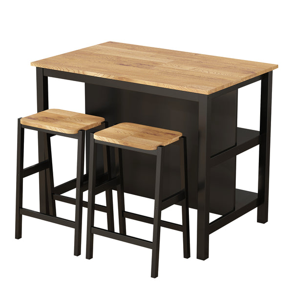 3 PCS Dining Table Set Rustic Retro Breakfast Table Dining Stools RubberWood for 2 with Two Open Shelves for Small Space Kitchen Dining Room