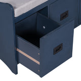 TREXM Movable Cushion Storage Bench with Drawers and Backrest for Entryway and Living Room（Antique Navy）