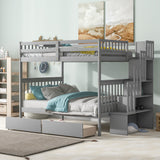 Full Over Full Bunk Bed with 2 Drawers and Staircase