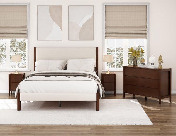 Queen 4 Piece Bedroom Set Mid Century Modern  Platform Bed with Two Nightstands and Dresser