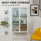 WHITE Tall Freestanding Display Cupboard Stylish Fluted Glass Storage Cabinet with Glass Doors Three Detachable Shelves Bottom Space for Office Dining Room Living Room Bedside Entryway