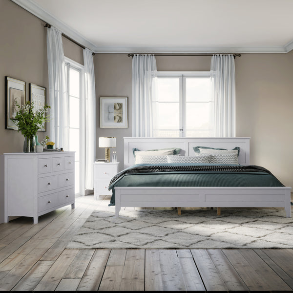 White Solid Wood 3 Pieces King Bedroom Sets (King Bed + end table +dresser)