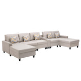 Beige Linen Fabric 6Pc Double Chaise Sectional Sofa with Interchangeable Legs, a USB, Charging Ports, Cupholders, Storage Console Table and Pillows