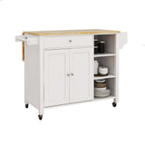 Double Door Kitchen Island with Lockable Wheels, Towel Rack, Storage Drawer and Three Open Shelves