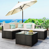 5-Piece Patio Rattan PE Wicker Furniture Corner Sofa Set, with 2 Sofa chairs, 1 Corner chair, 1 ottoman and 1 glass coffee table, Sectional Sofa Chair, Seating, Lying(Black Wicker, Beige Cushion)