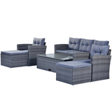 Wicker PE rattan Patio Outdoor Dining Conversation Sectional Set with coffee table, wicker sofas, ottomans,  removable cushions (Dark grey wicker, Light grey cushion)